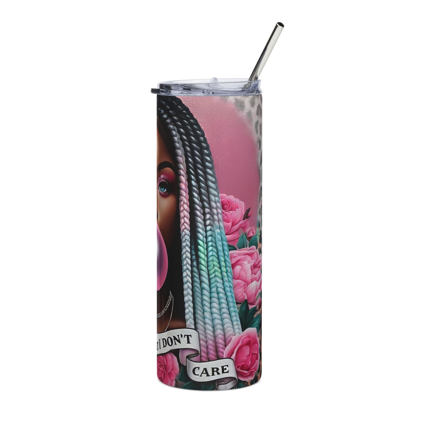 20oz Stainless Steel Tumbler — Black Woman Bubblegum Art with Pink Roses