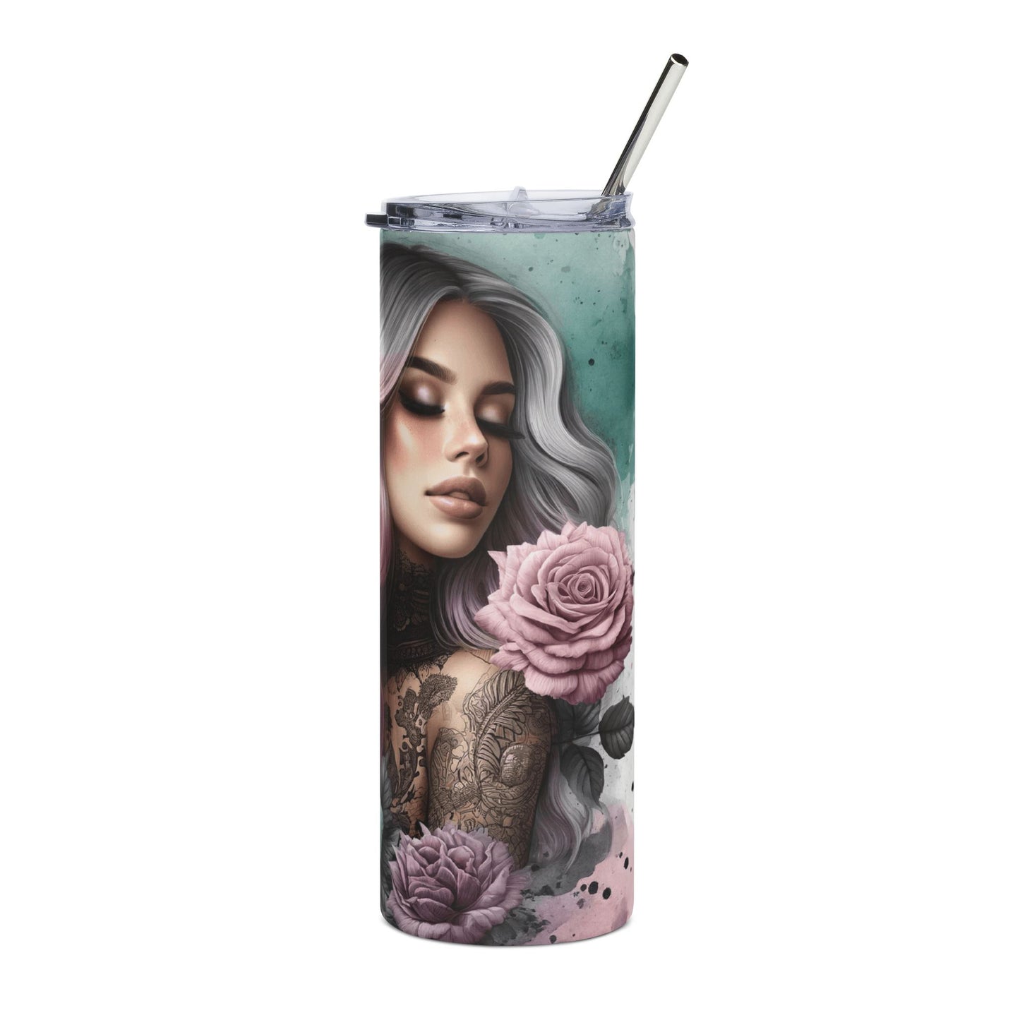 20oz Stainless Tumbler — "Stronger Than The Storm" Rose Tattoo Design