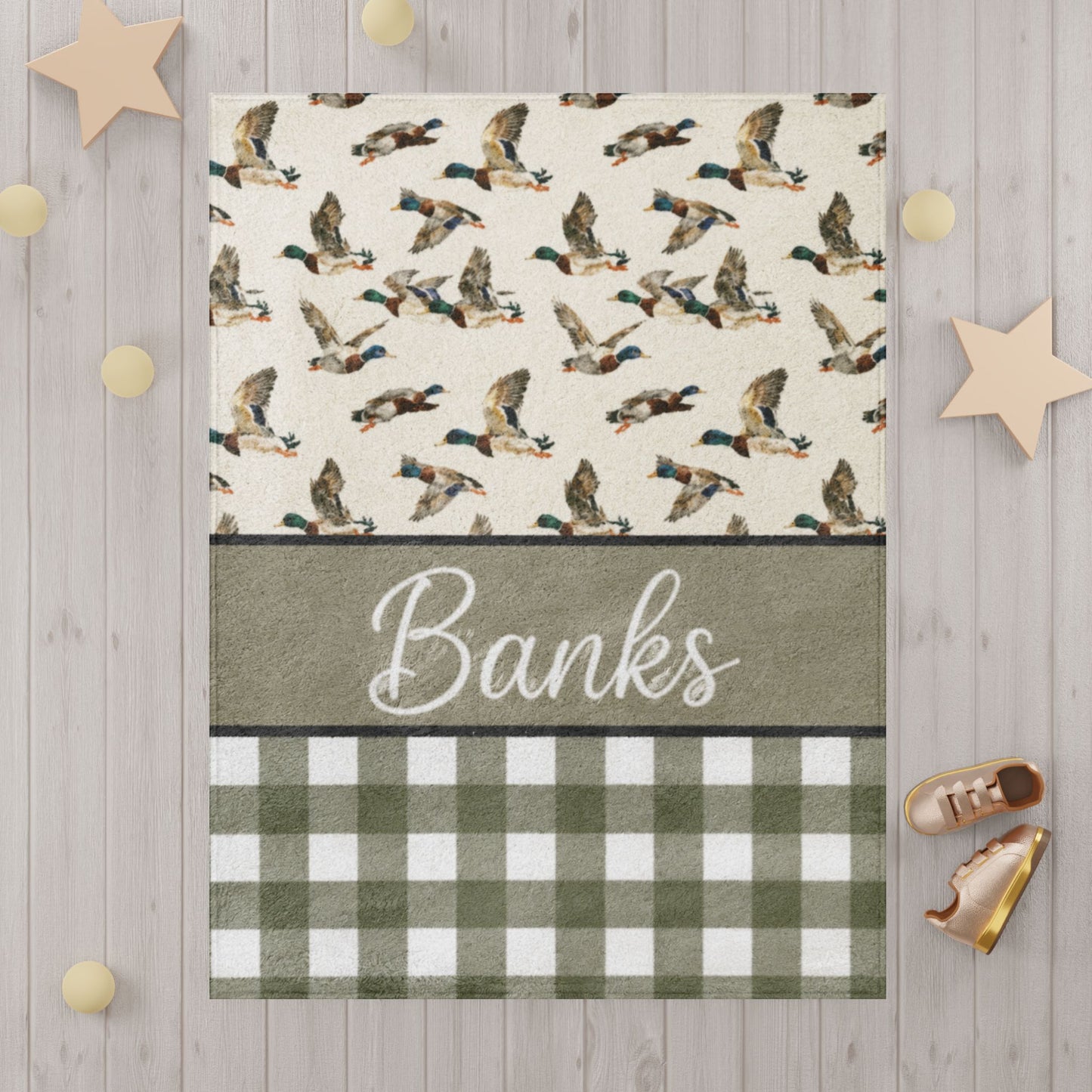 Personalized Toddler Blanket — Duck Pattern & Green Buffalo Check with Name "Banks"