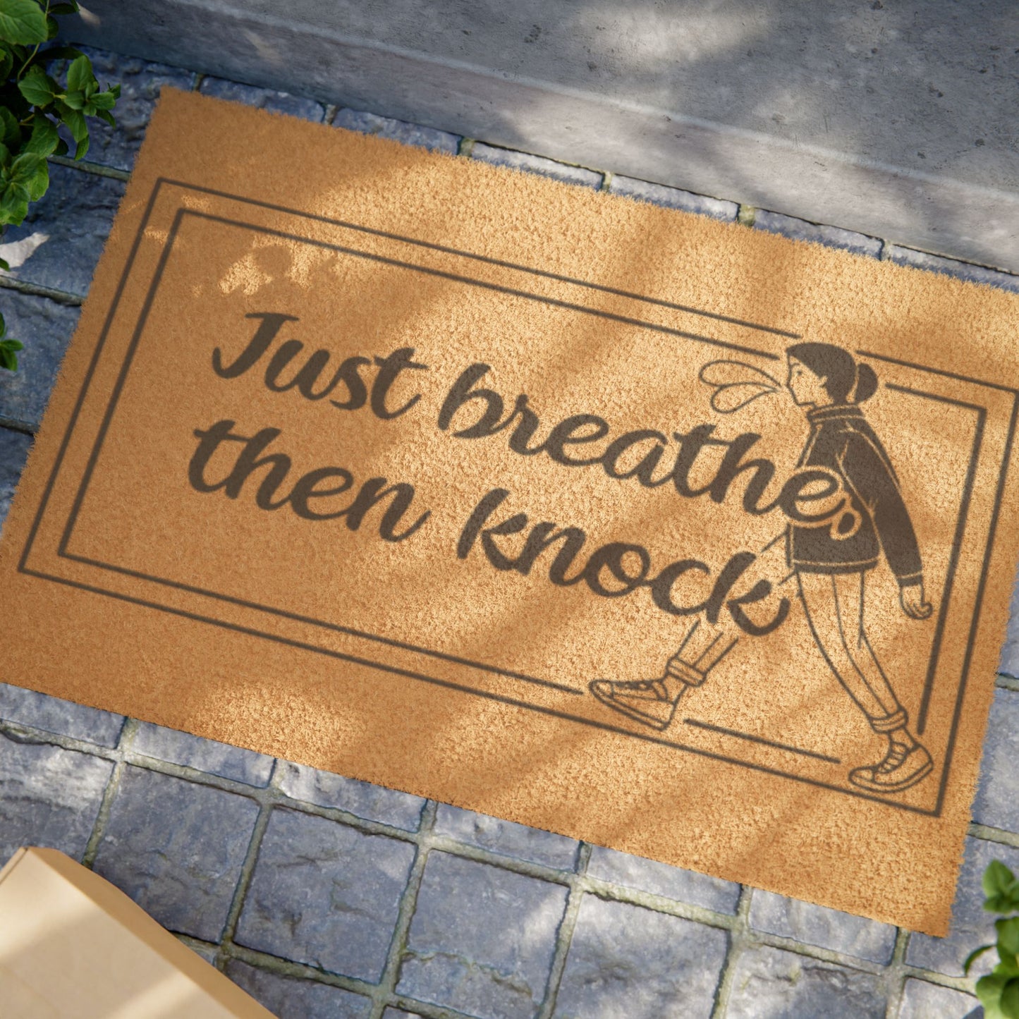 Doormat — "Just Breathe Then Knock" Welcome Mat with Calming Figure, Funny Mindfulness Door Mat for Home Entry