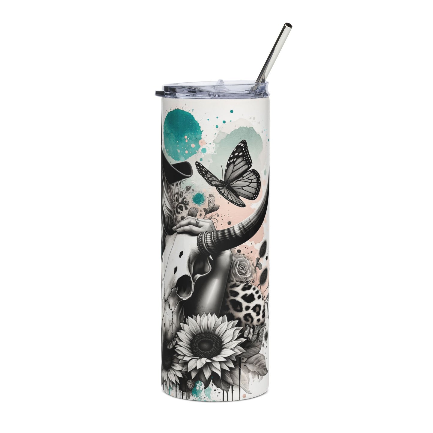 20oz Skinny Tumbler — "Wild and Free" Cowgirl Skull Design