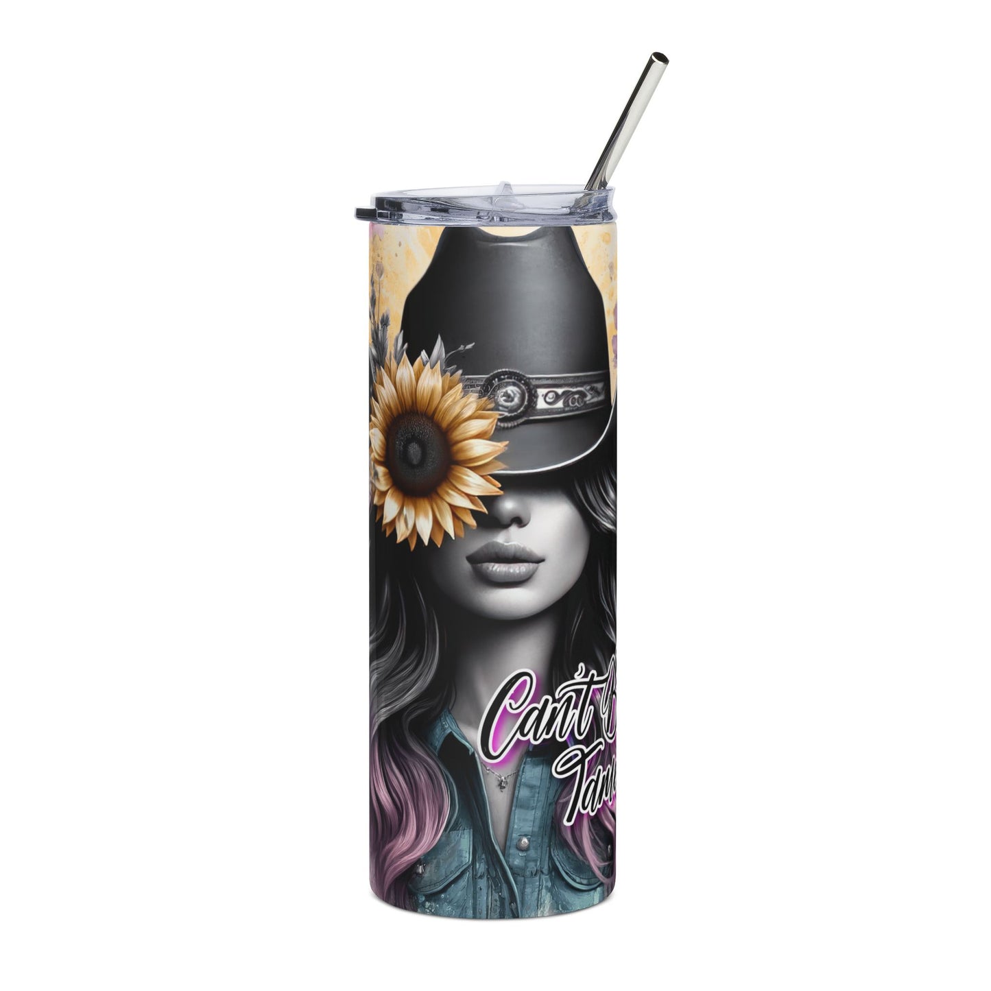 Sunflower Cowgirl 20oz Stainless Steel Tumbler — 'Can't Fix Crazy' Floral Cowboy Hat Design