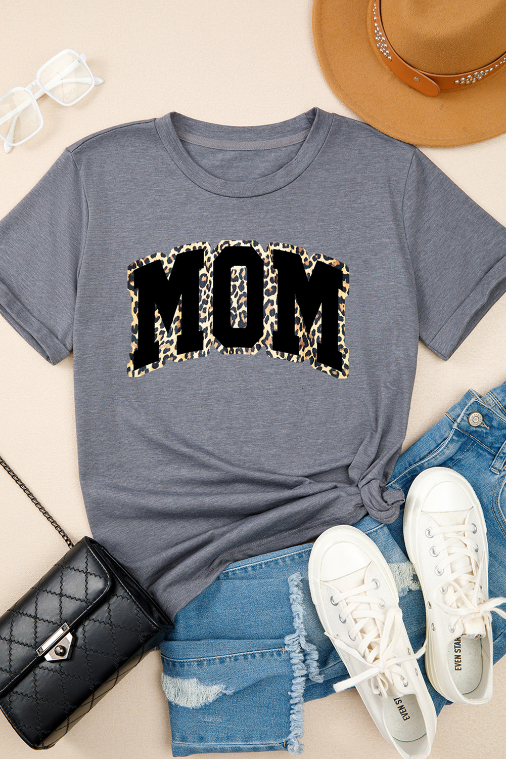 Gray Leopard MOM Graphic Crewneck Mothers Day T Shirt