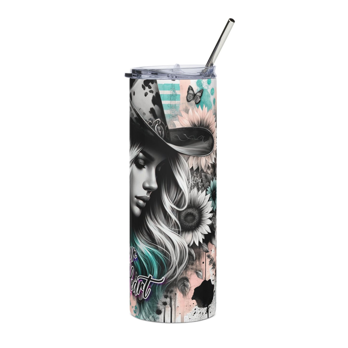 Bless Your Heart Tumbler — 20oz Stainless Travel Cup with Cowgirl Skull & Floral Design