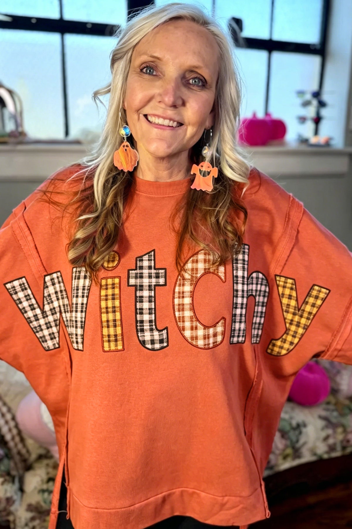 Flamingo Halloween Witchy Plaid Slogan Embroidered Patch Tunic Sweatshirt