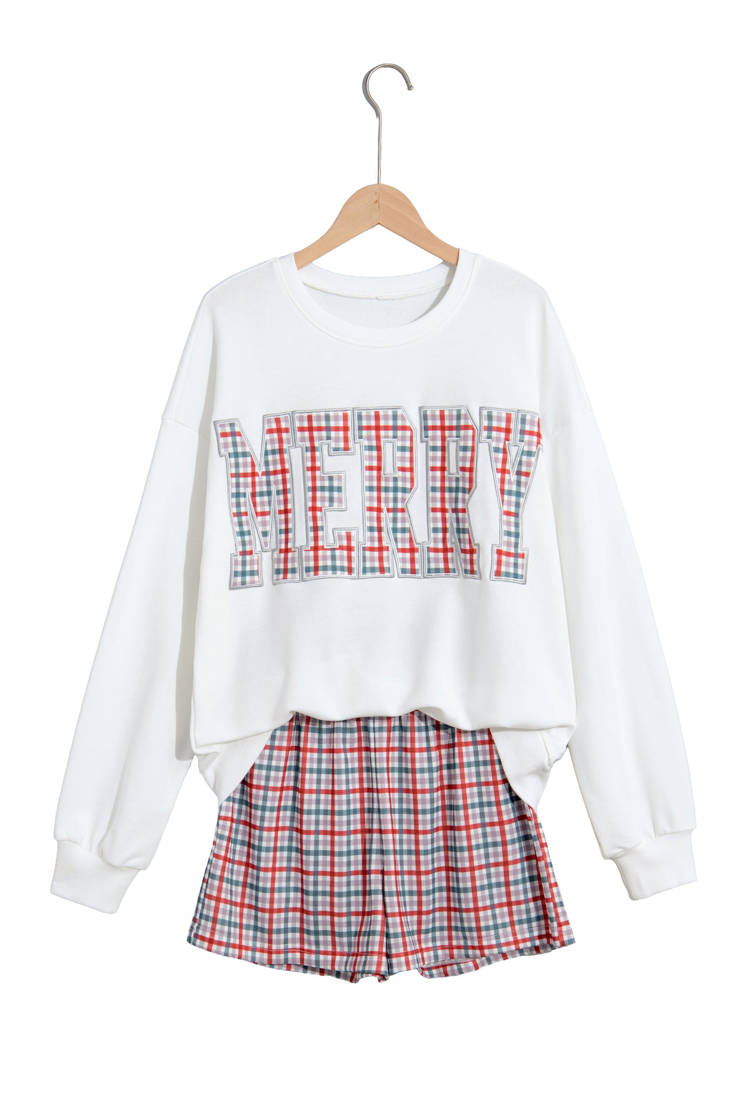 Multicolour Plaid MERRY Holiday Long Sleeve Top and Shorts Set
