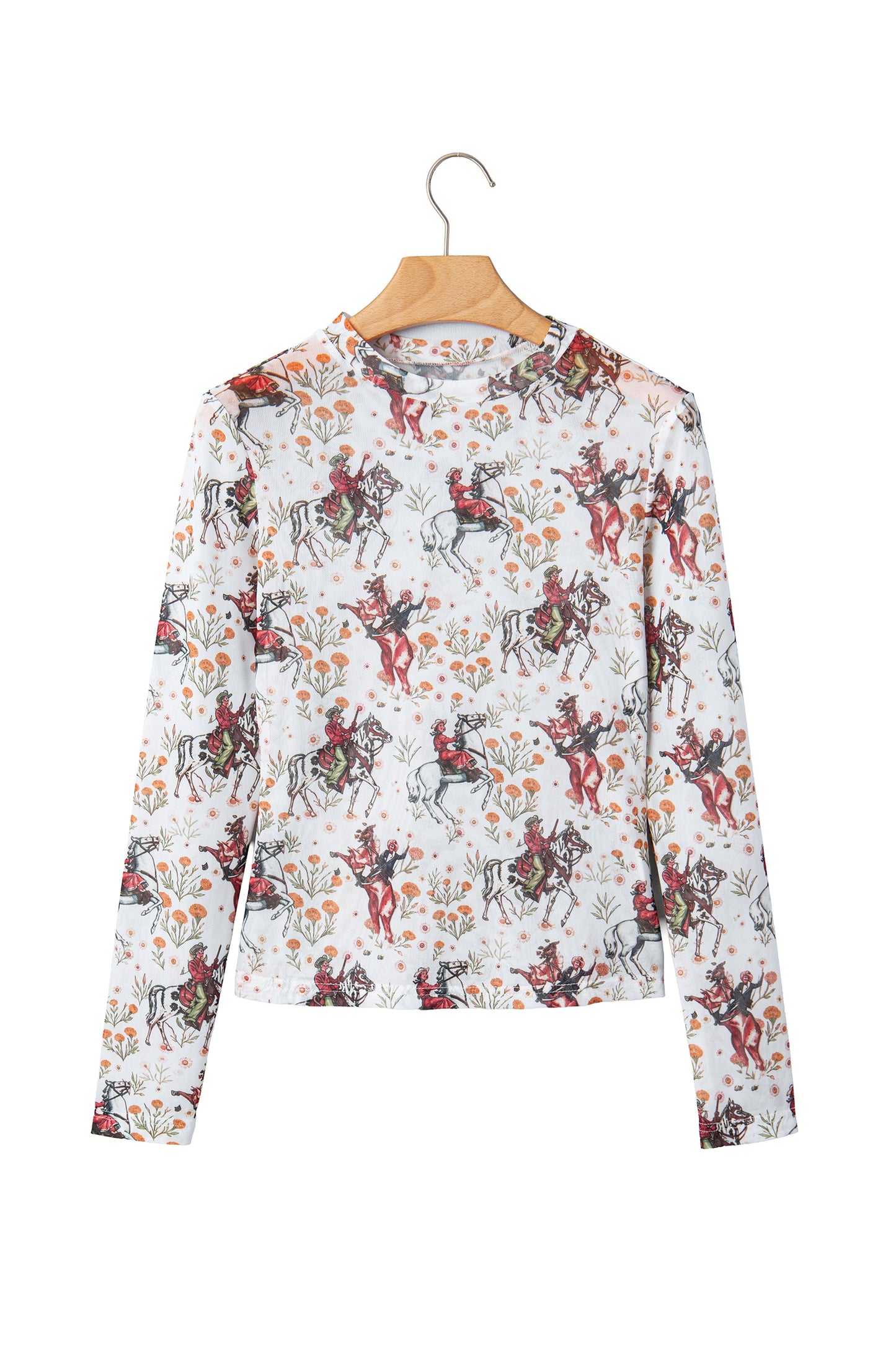Brown Western Cowboy Floral Print Sheer Mesh Long Sleeve Top