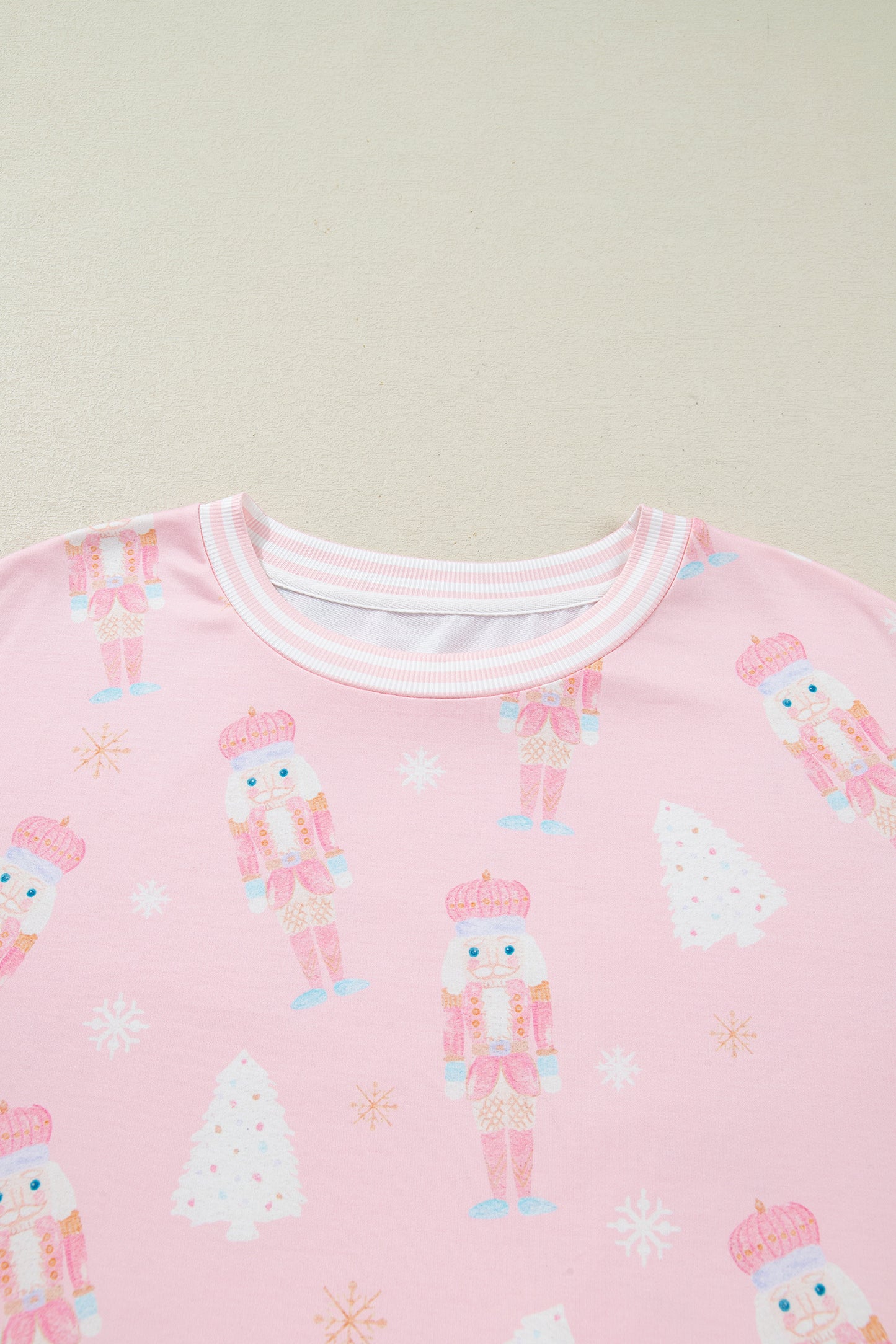 Pink Christmas Tree Nutcracker Doll Print Contrast Trim Long Sleeve Top Matching Shorts Set