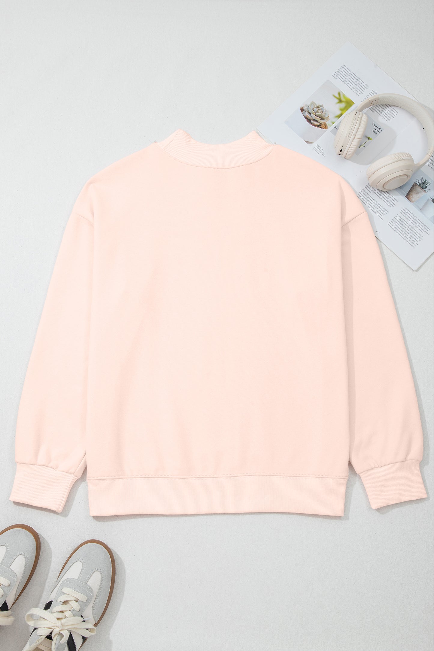 Apricot Pink Bow Knot Duck Faux Patchwork Printed Mock Neck Sweatshirt