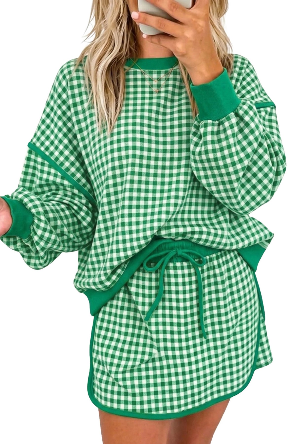 Brown Gingham Oversized Ribbed Trim Crew Neck Long Sleeve Top and Skort Set