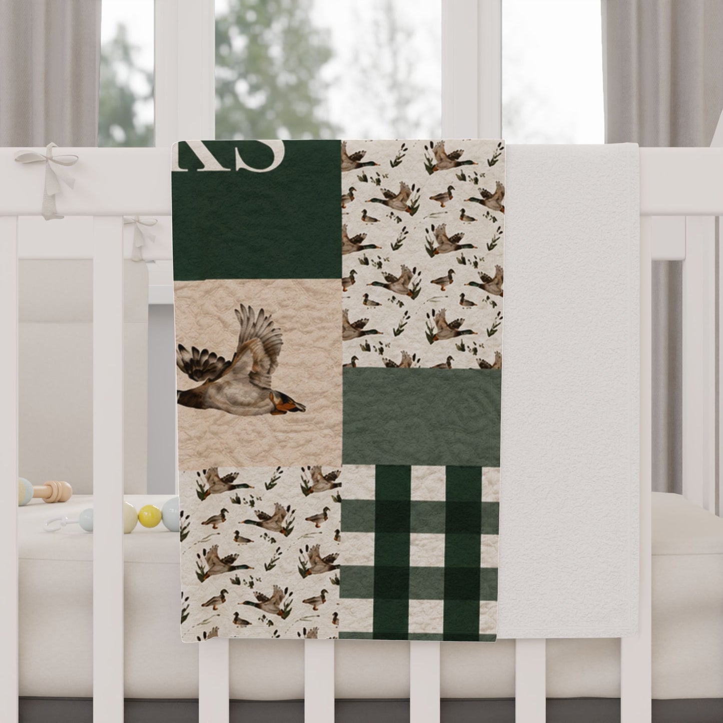 Personalized Toddler Blanket - Green Patchwork Duck & Reeds Baby Throw (Name: Banks)