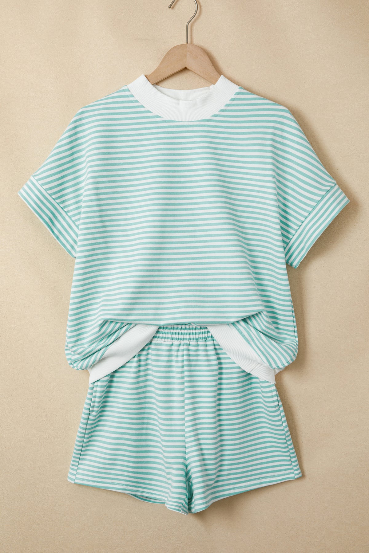Pink Stripe Cuffed Sleeve Contrast Mock Neck Tee Casual 2pcs Short Set
