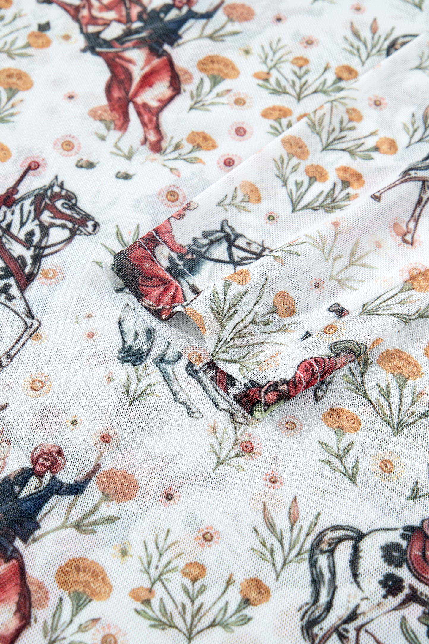 Brown Western Cowboy Floral Print Sheer Mesh Long Sleeve Top