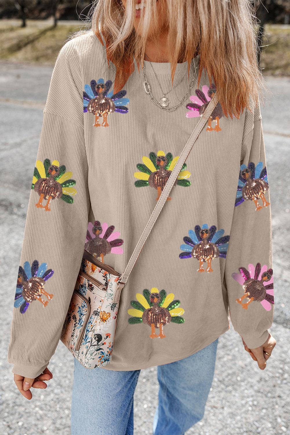 Orange Turkey Graphic Corded Baggy Sweatshirt