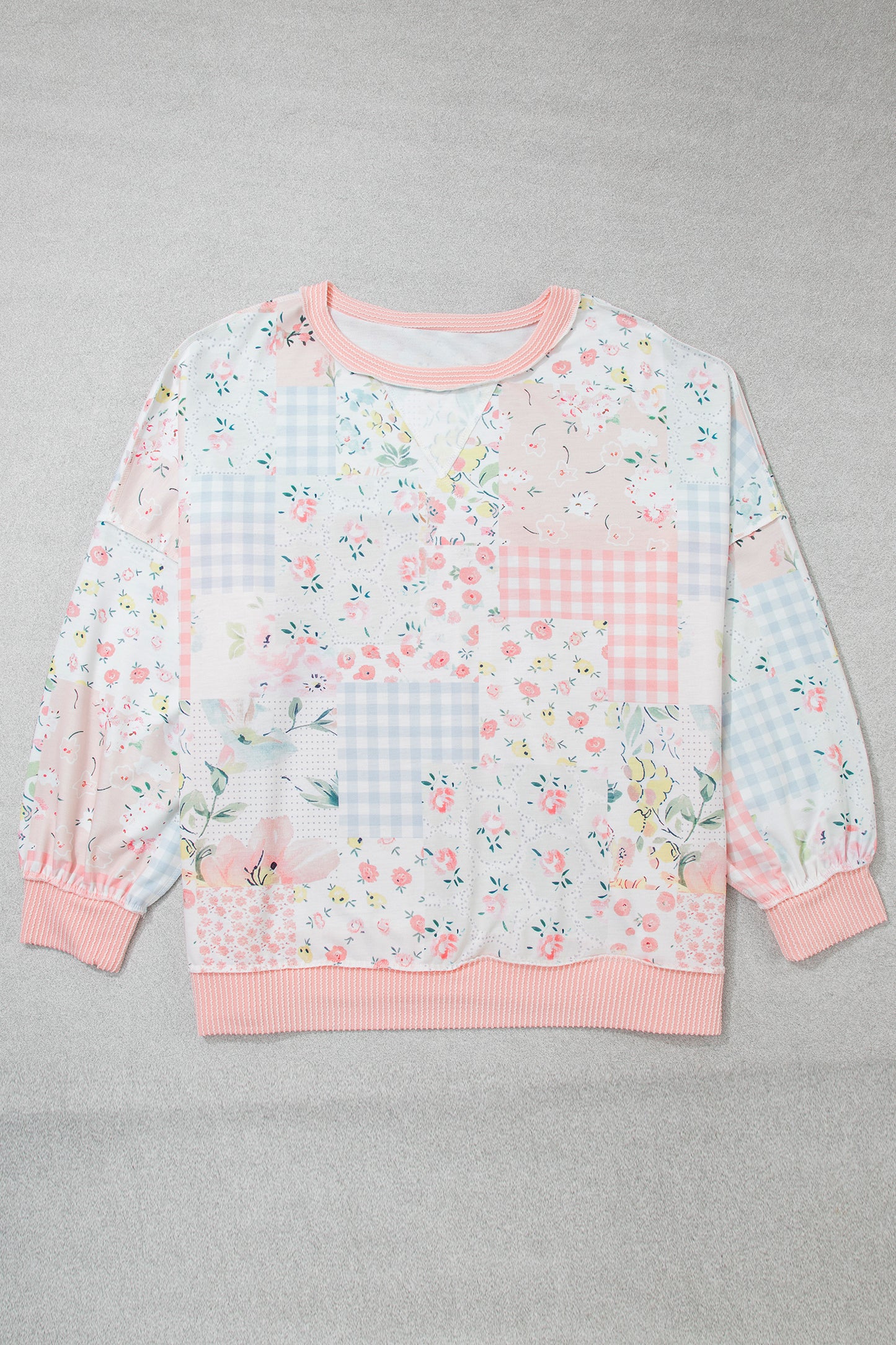 Pink Patchwork Floral Print Long Sleeve Tunic Plus Size Blouse