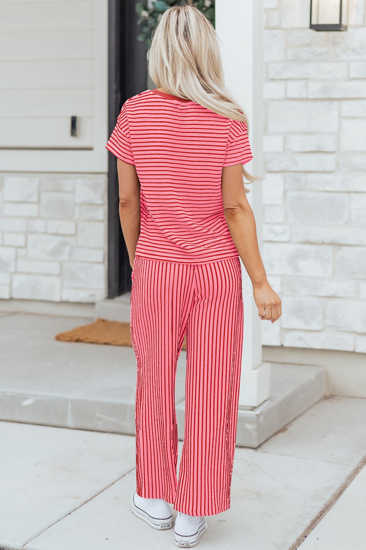 Khaki Stripe Crew Neck Tee Drawstring Waist Cropped Pants Set