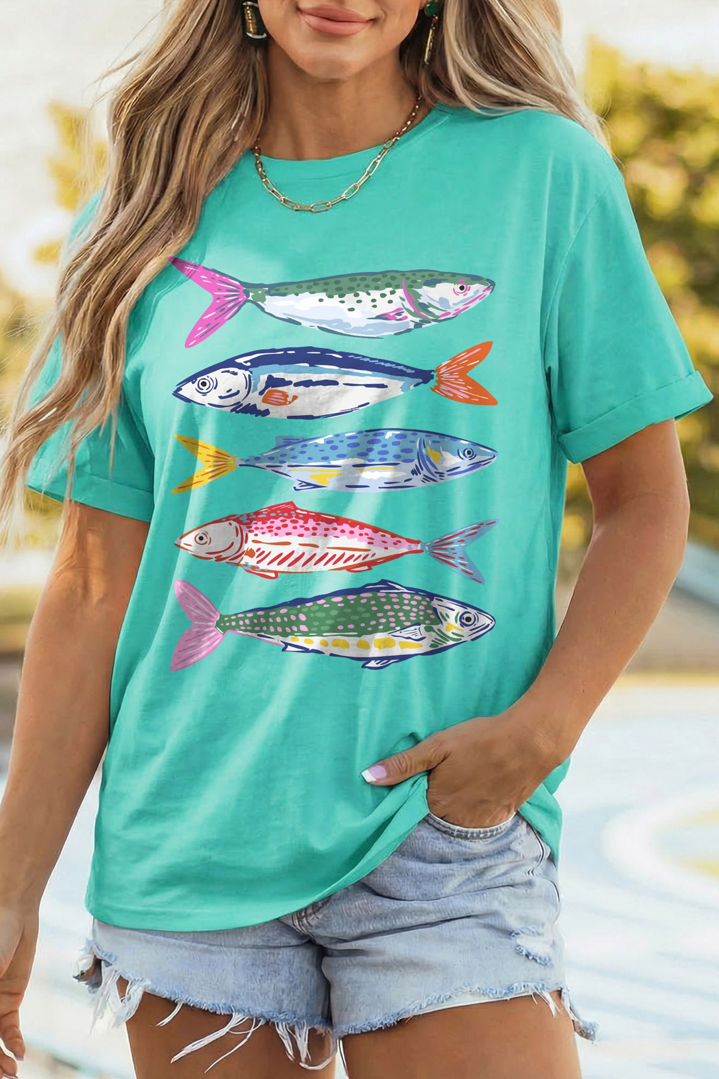 Mint Green Vibrant Fish Print Casual Short Sleeve T Shirt