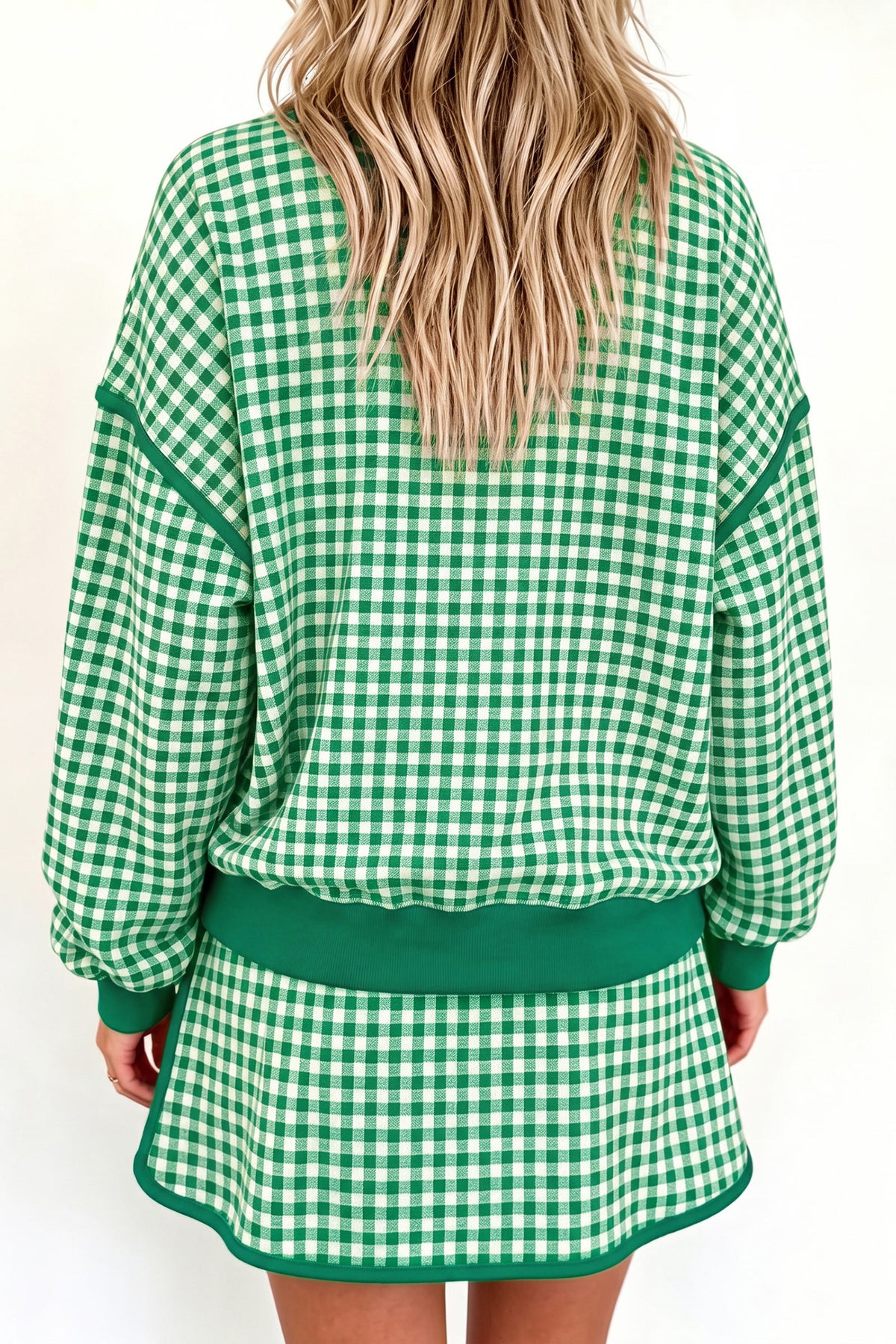 Brown Gingham Oversized Ribbed Trim Crew Neck Long Sleeve Top and Skort Set
