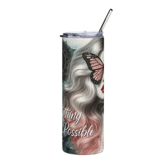 20oz Inspirational Stainless Steel Tumbler — "Anything Is Possible" Butterfly Floral Design