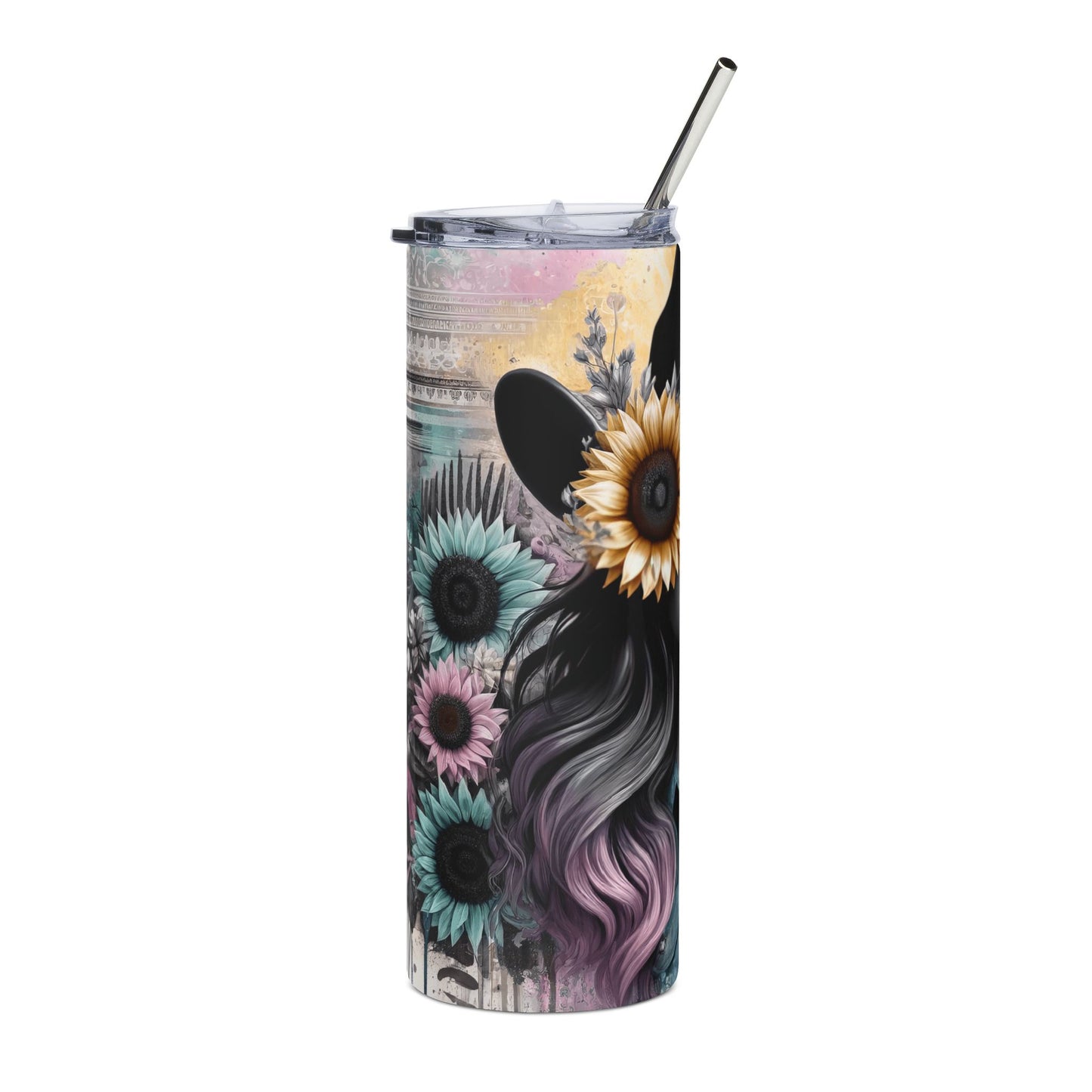 Sunflower Cowgirl 20oz Stainless Steel Tumbler — 'Can't Fix Crazy' Floral Cowboy Hat Design