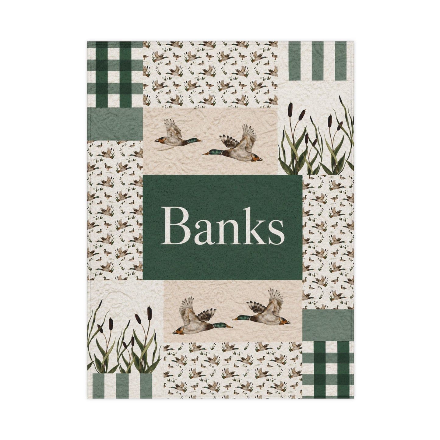 Personalized Toddler Blanket - Green Patchwork Duck & Reeds Baby Throw (Name: Banks)