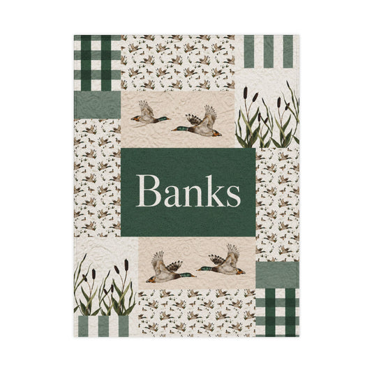 Personalized Toddler Blanket - Green Patchwork Duck & Reeds Baby Throw (Name: Banks)