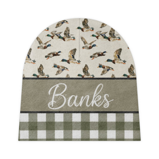 Personalized Baby Beanie — Duck Pattern & Buffalo Check with Name