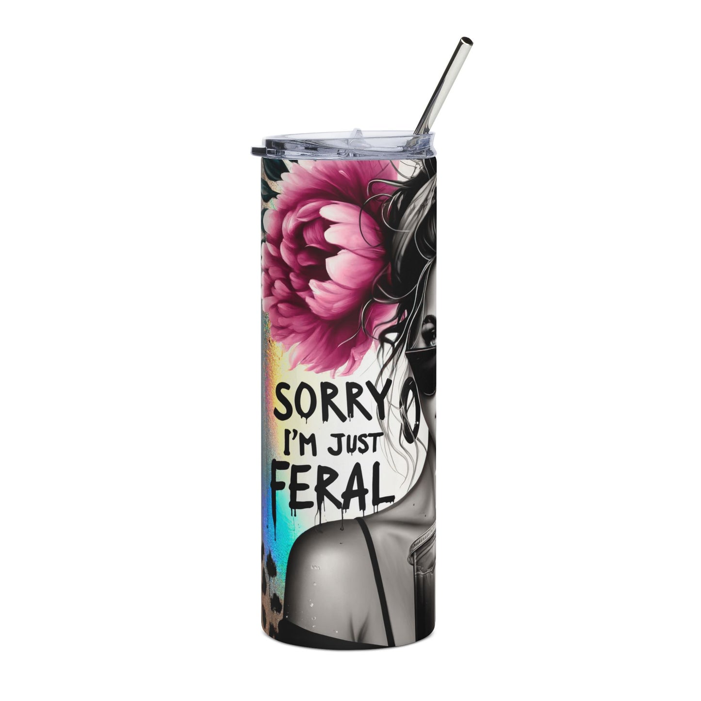 20oz Tumbler — 'Sorry I'm Just Feral' Floral Girl Stainless Steel Travel Cup