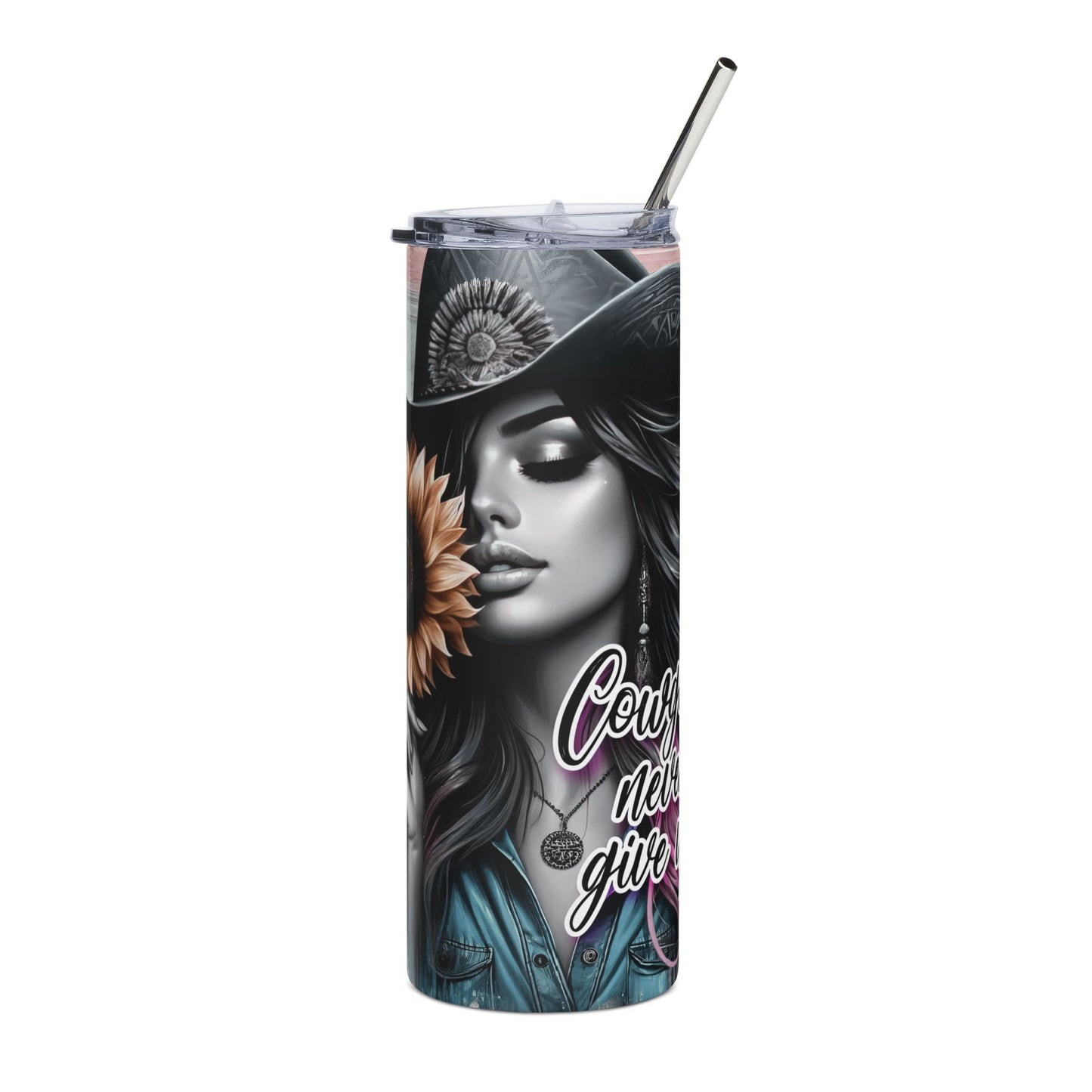 Cowgirl Never Gives Up Stainless Steel 20oz Tumbler — Sunflower Cowgirl Travel Cup