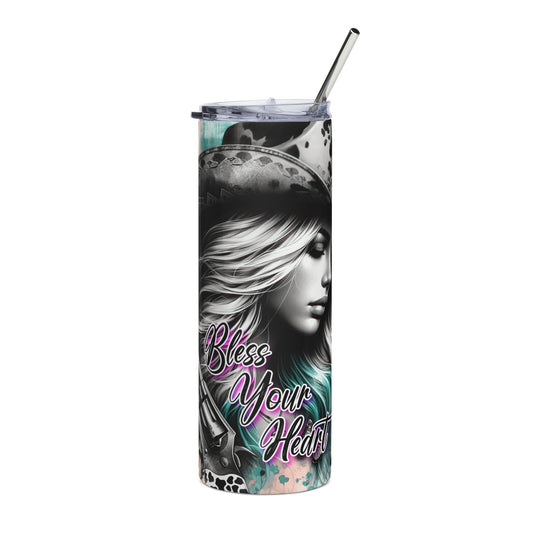 Bless Your Heart Tumbler — 20oz Stainless Travel Cup with Cowgirl Skull & Floral Design