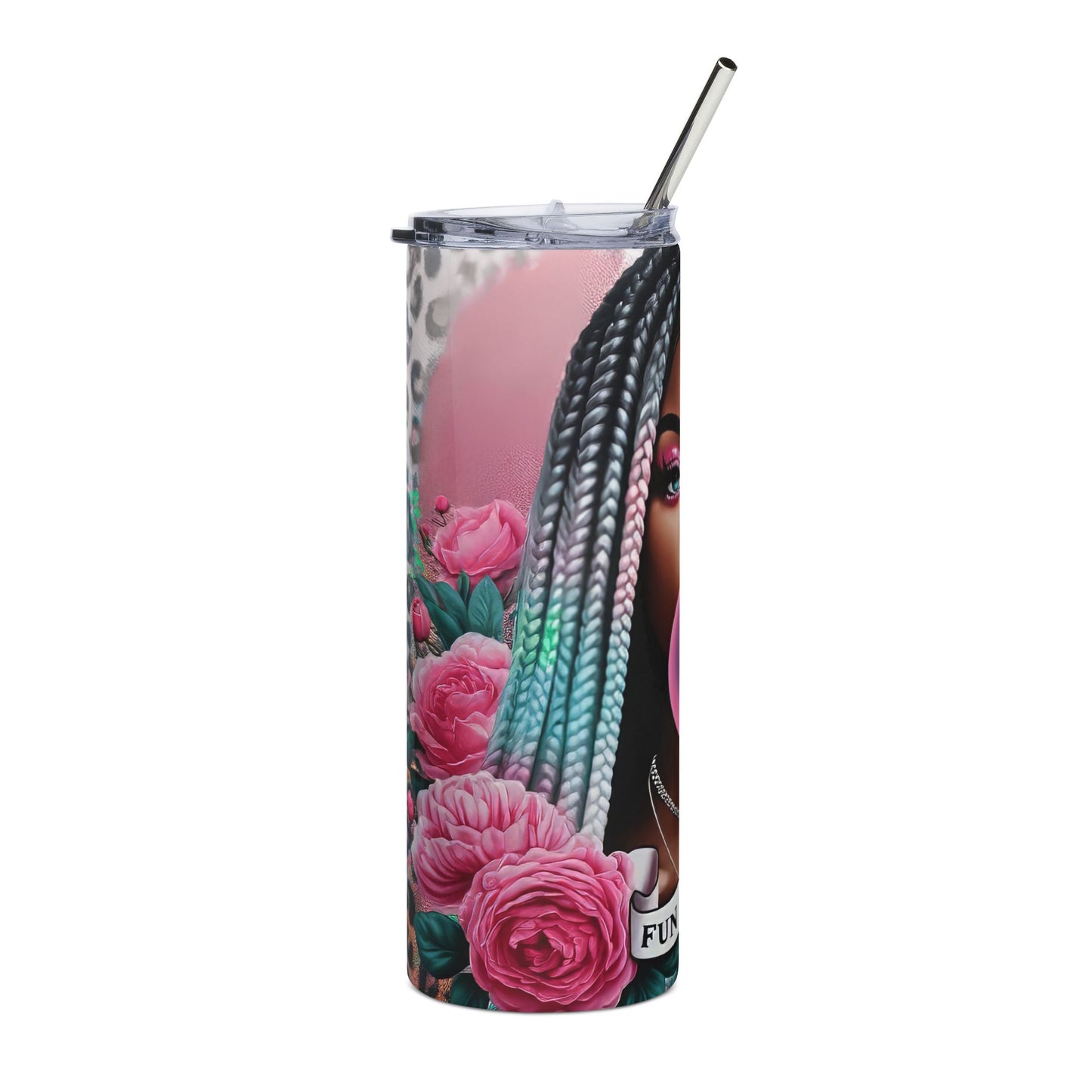 20oz Stainless Steel Tumbler — Black Woman Bubblegum Art with Pink Roses
