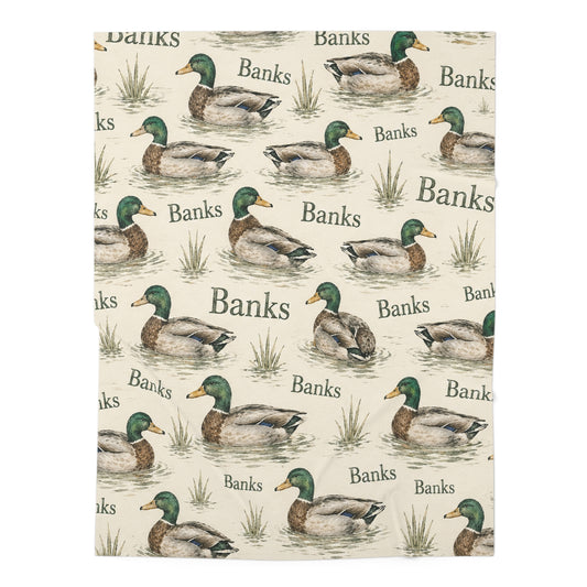 Personalized Mallard Duck Baby Swaddle Blanket — Custom Name "Banks" Nursery Wrap