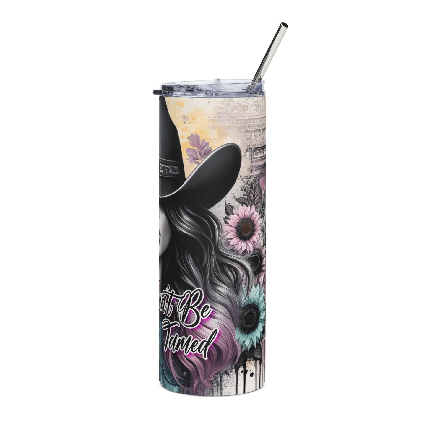 Sunflower Cowgirl 20oz Stainless Steel Tumbler — 'Can't Fix Crazy' Floral Cowboy Hat Design