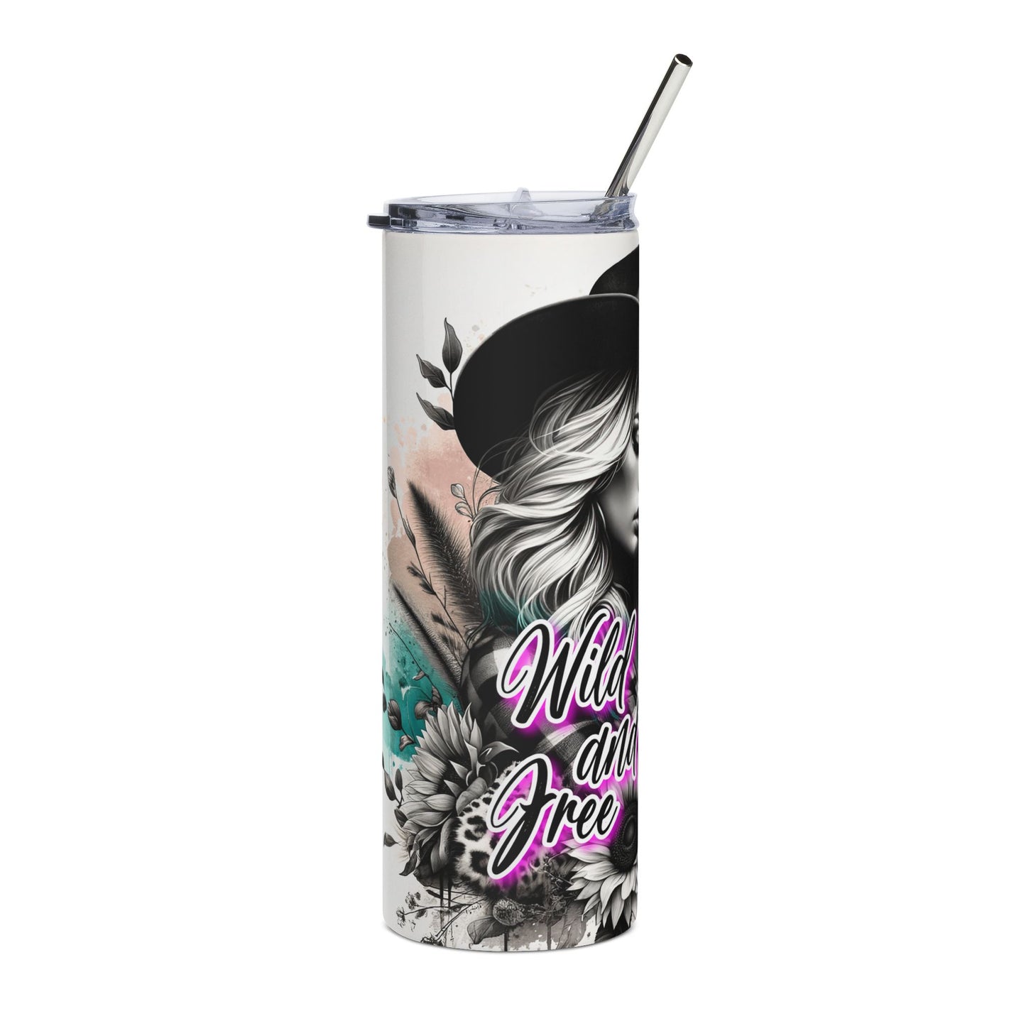 20oz Skinny Tumbler — "Wild and Free" Cowgirl Skull Design