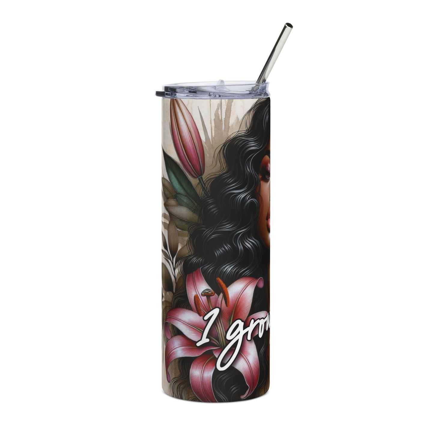 20oz Stainless Tumbler — 'Grow Strong' Floral Black Woman Art