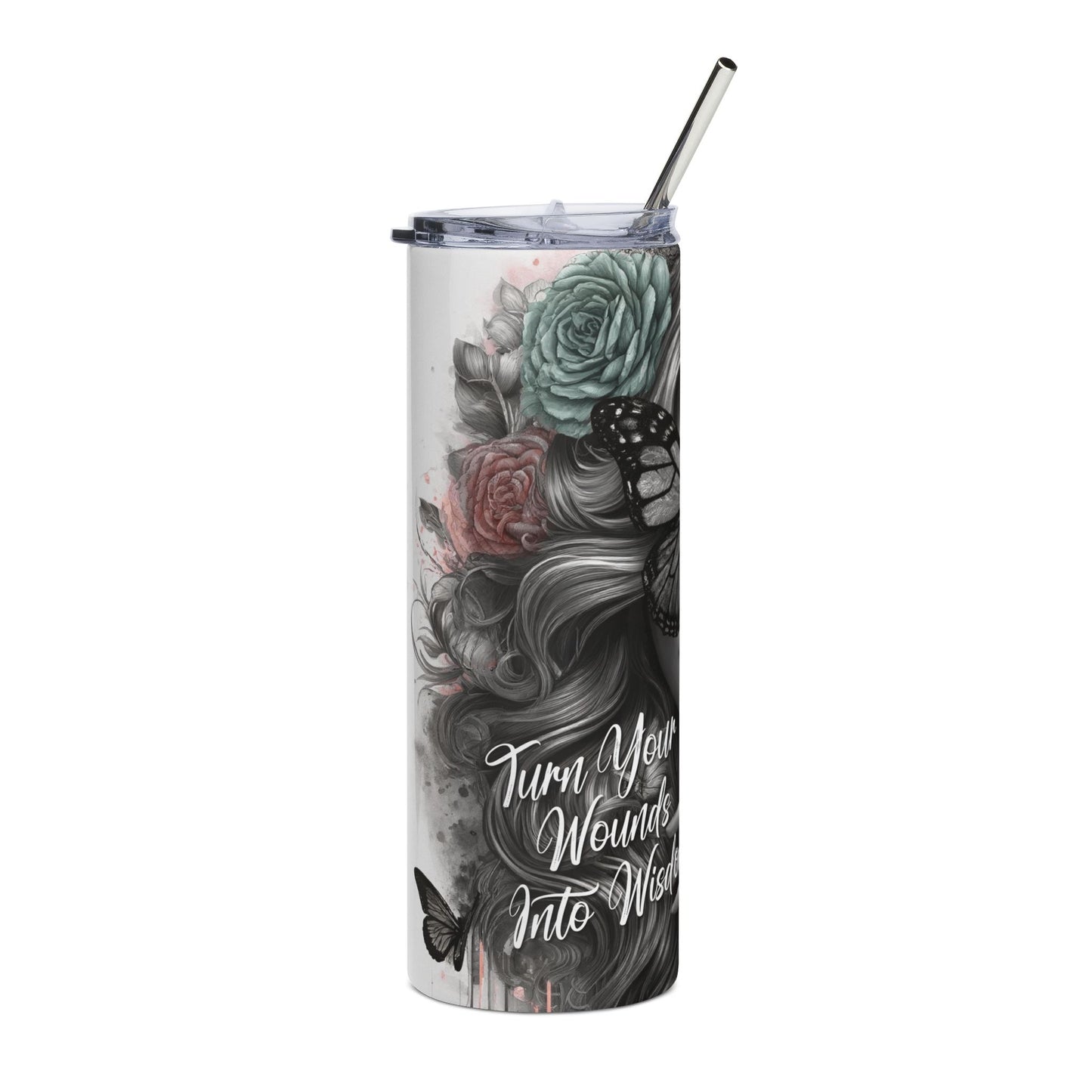 20oz Tumbler — 'Turn Your Wounds Into Wisdom' Butterfly Woman Stainless Steel Travel Cup
