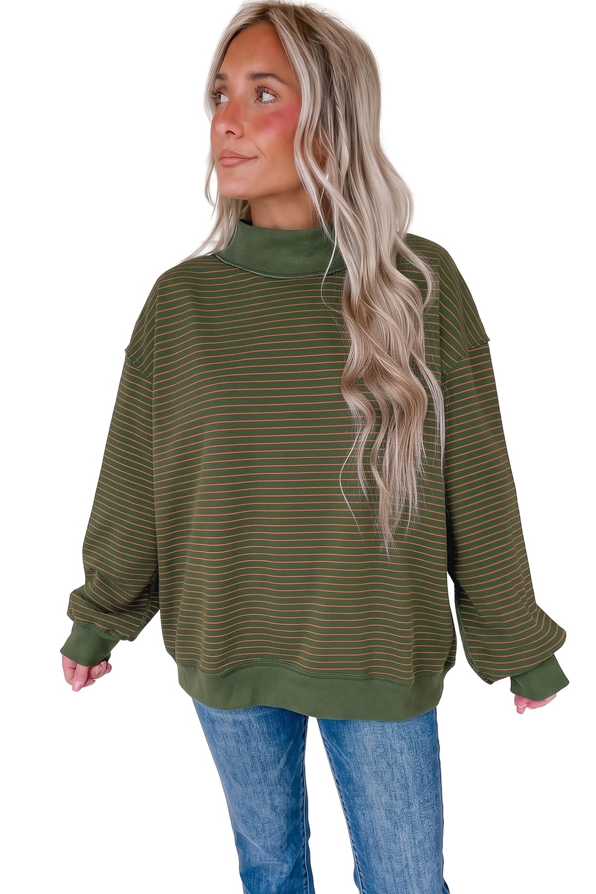 Pink Stripe Ribbed Color Block Mock Neck Oversized Sweatshirt