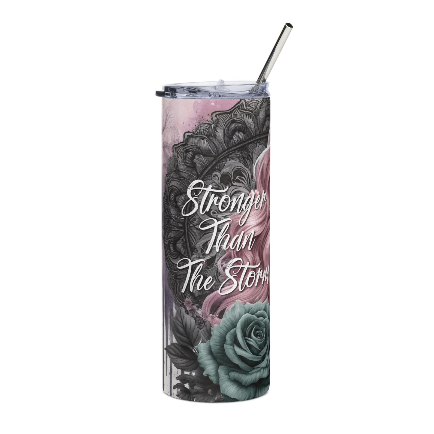 20oz Stainless Tumbler — "Stronger Than The Storm" Rose Tattoo Design