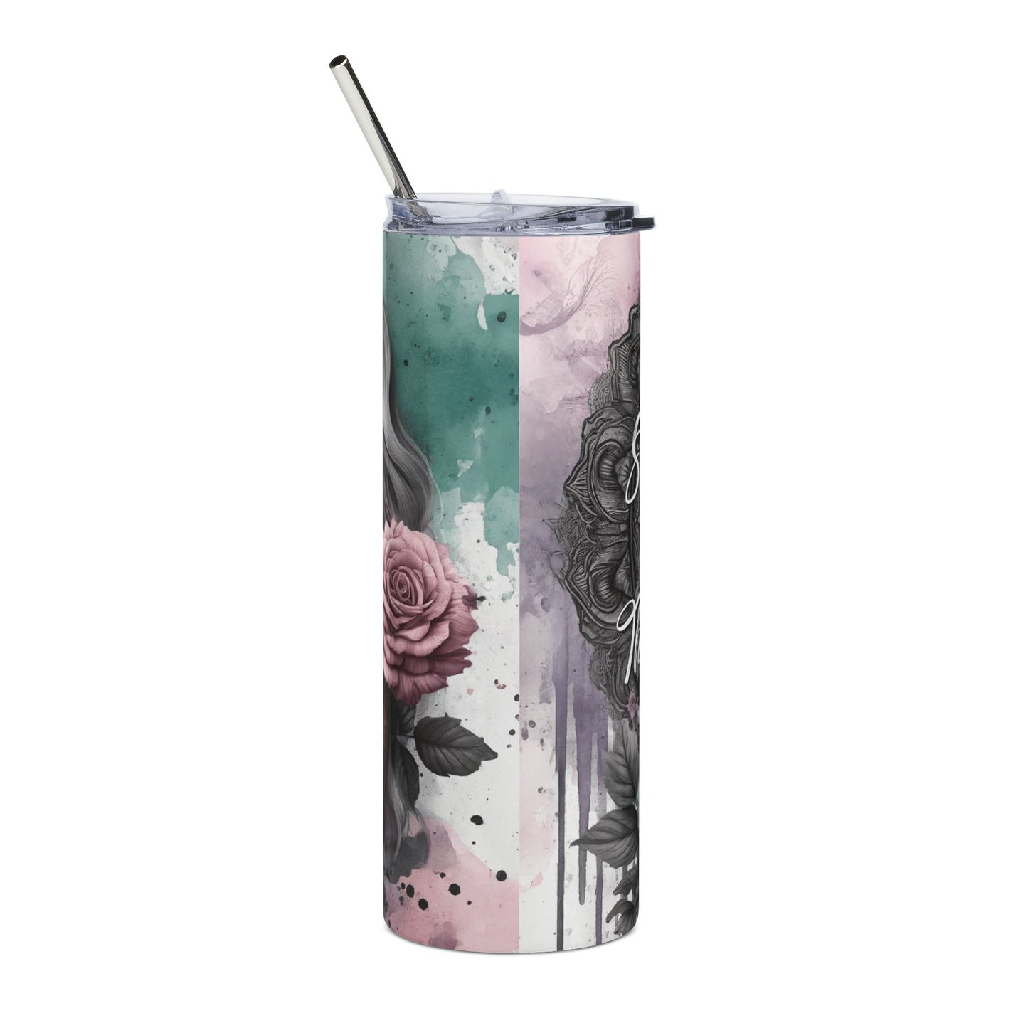 20oz Stainless Tumbler — "Stronger Than The Storm" Rose Tattoo Design