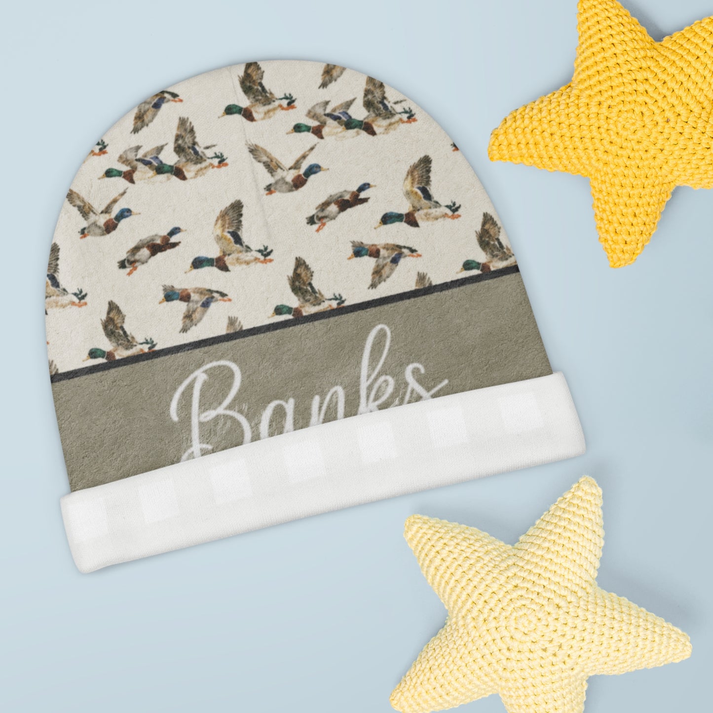 Personalized Baby Beanie — Duck Pattern & Buffalo Check with Name