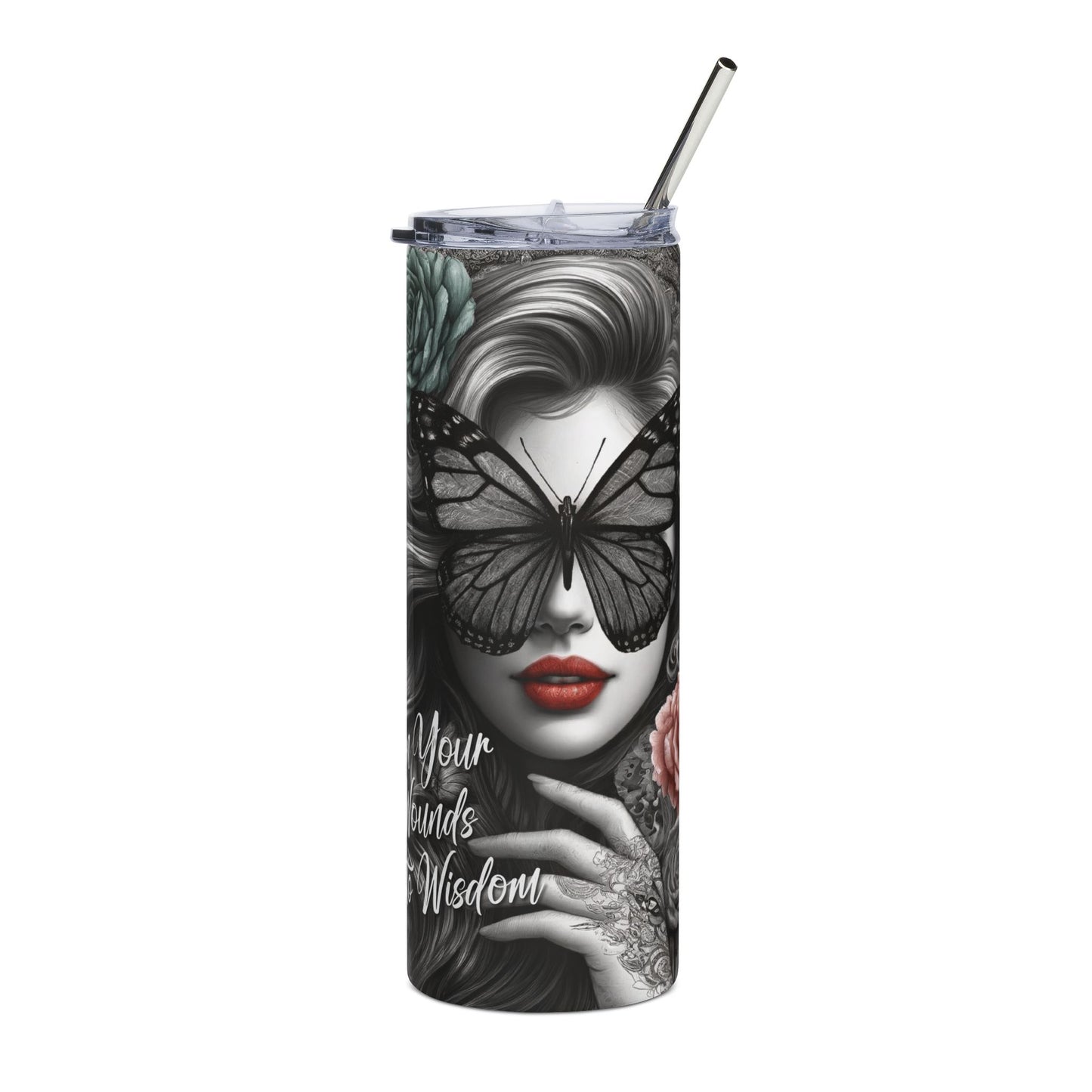 20oz Tumbler — 'Turn Your Wounds Into Wisdom' Butterfly Woman Stainless Steel Travel Cup