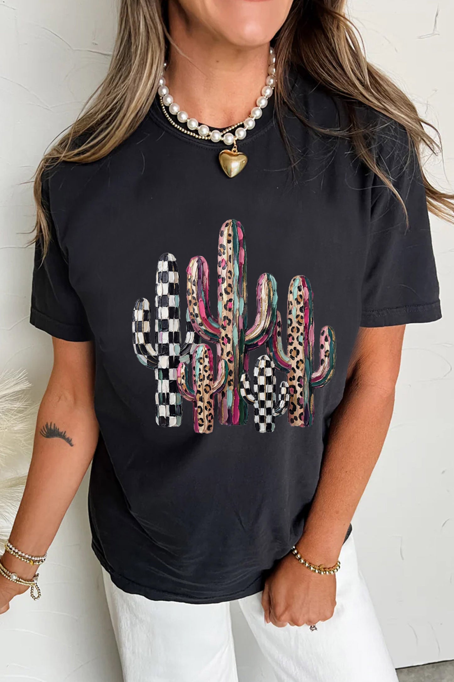 Black Mixed Pattern Cactus Graphic Print Relaxed T-Shirt
