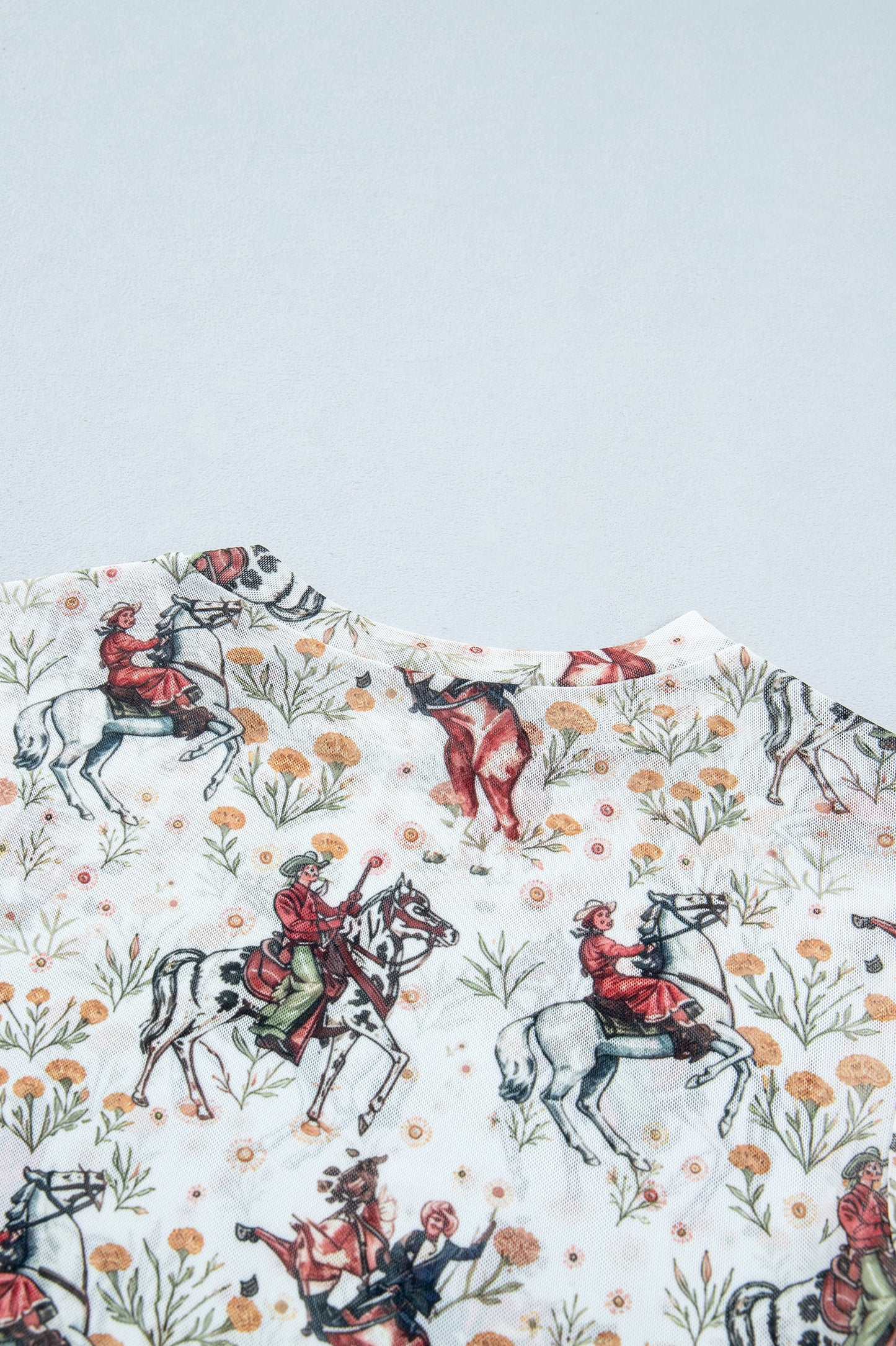 Brown Western Cowboy Floral Print Sheer Mesh Long Sleeve Top
