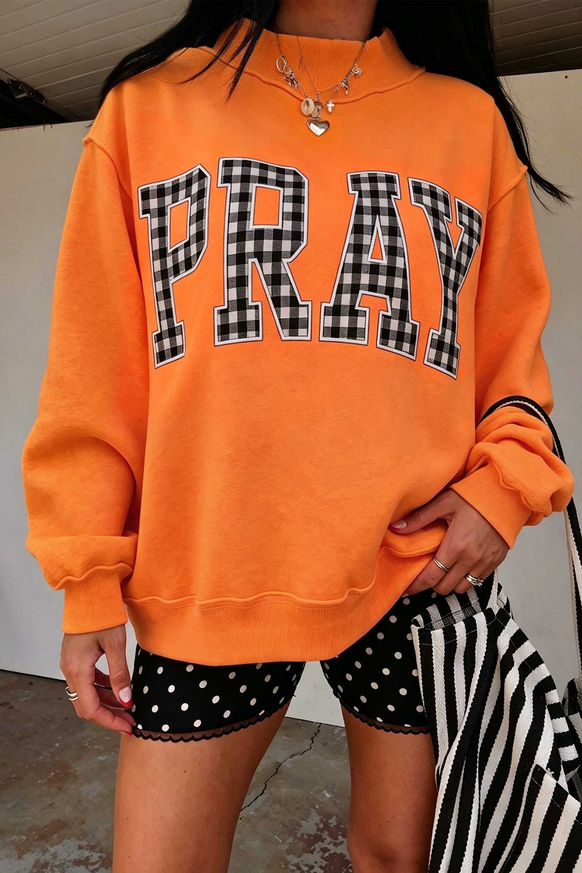 Coffee PRAY Polka Dot Embroidered Mock Neck Sweatshirt