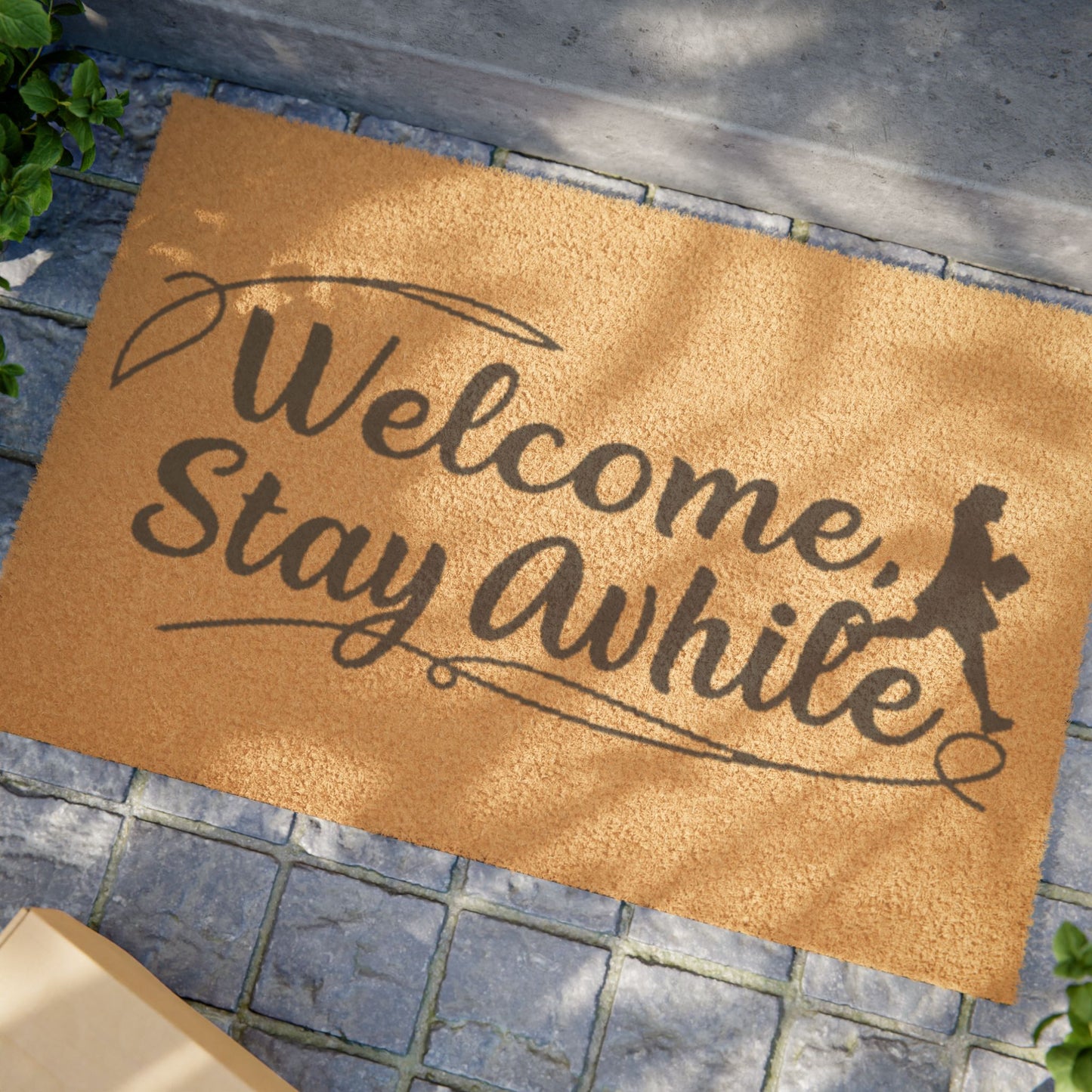 Welcome Stay Awhile Coir Doormat — Rustic Front Door Welcome Mat
