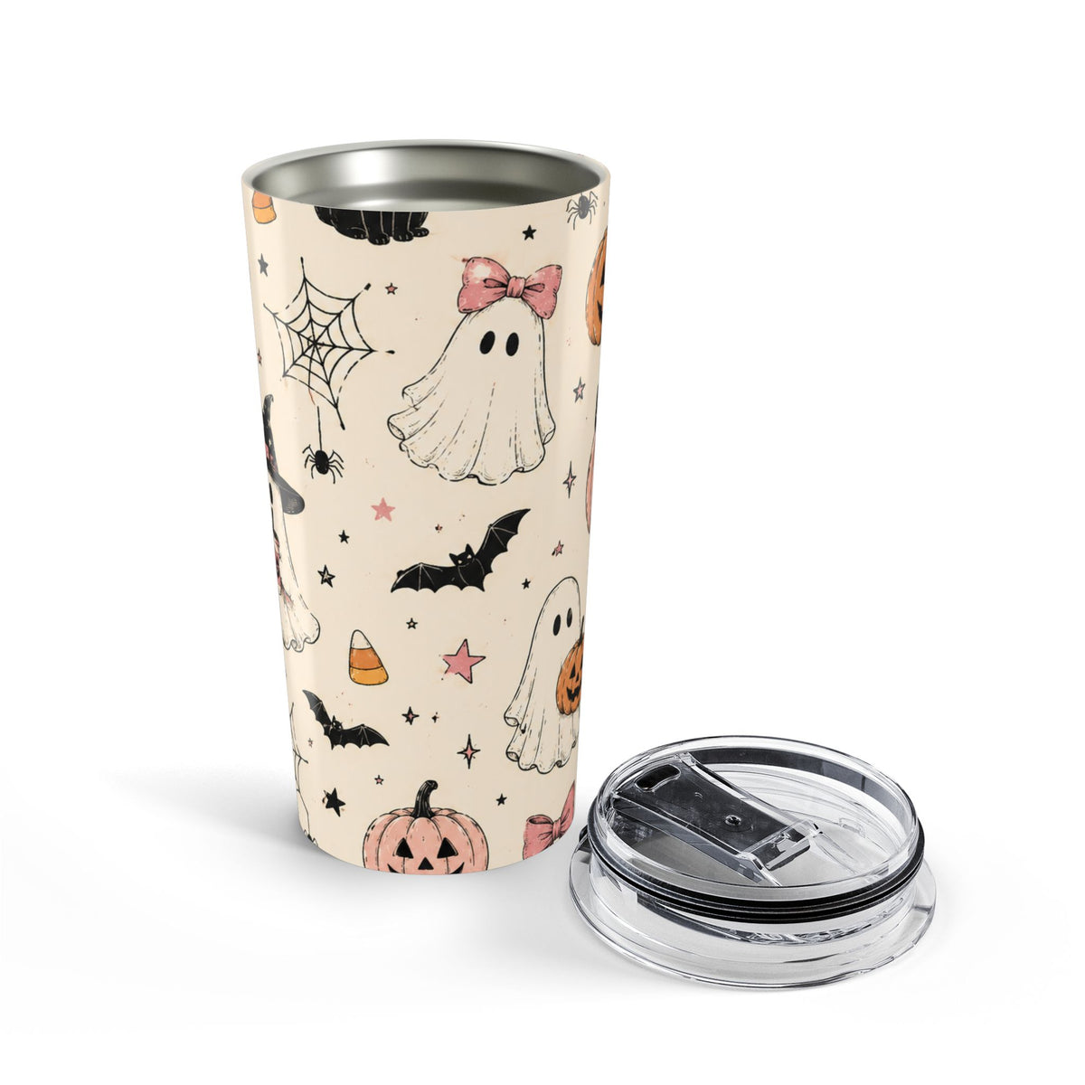 Cute Halloween Ghost 20oz Tumbler – Kawaii Pumpkin, Bat & Black Cat Travel Cup