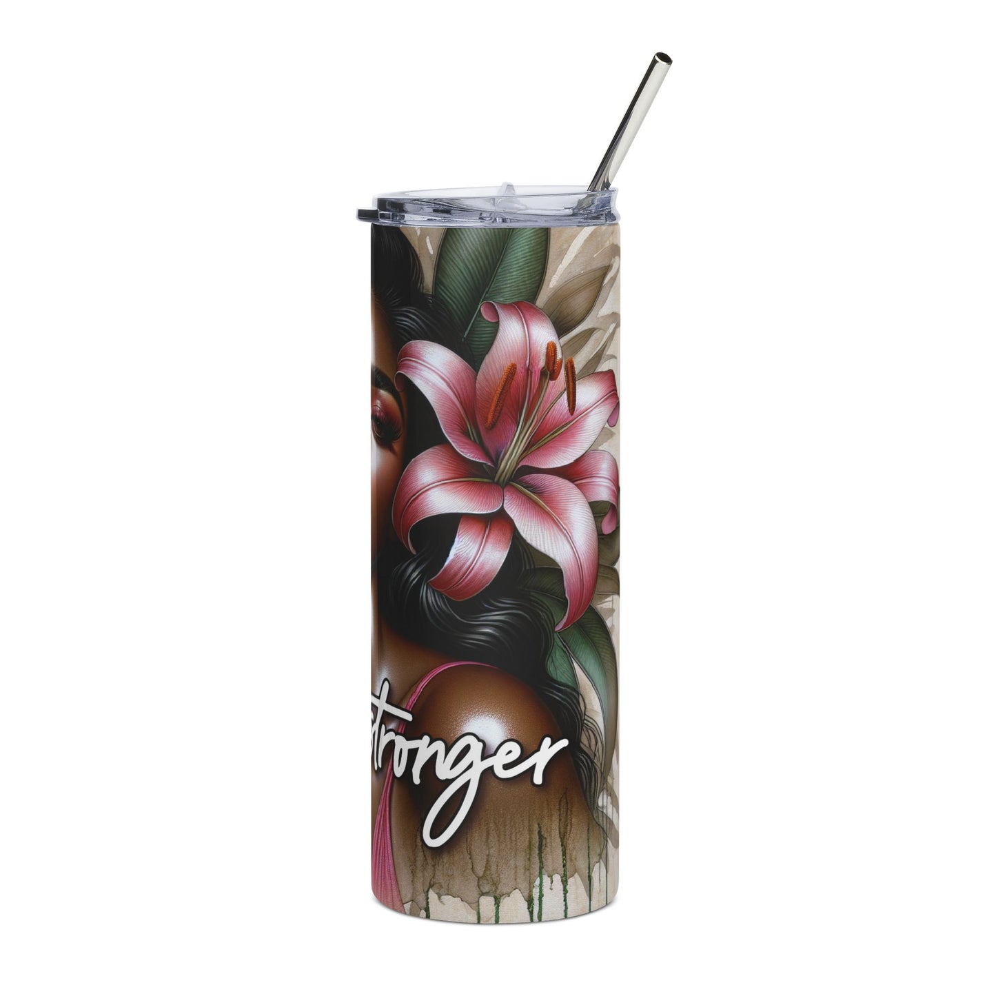 20oz Stainless Tumbler — 'Grow Strong' Floral Black Woman Art