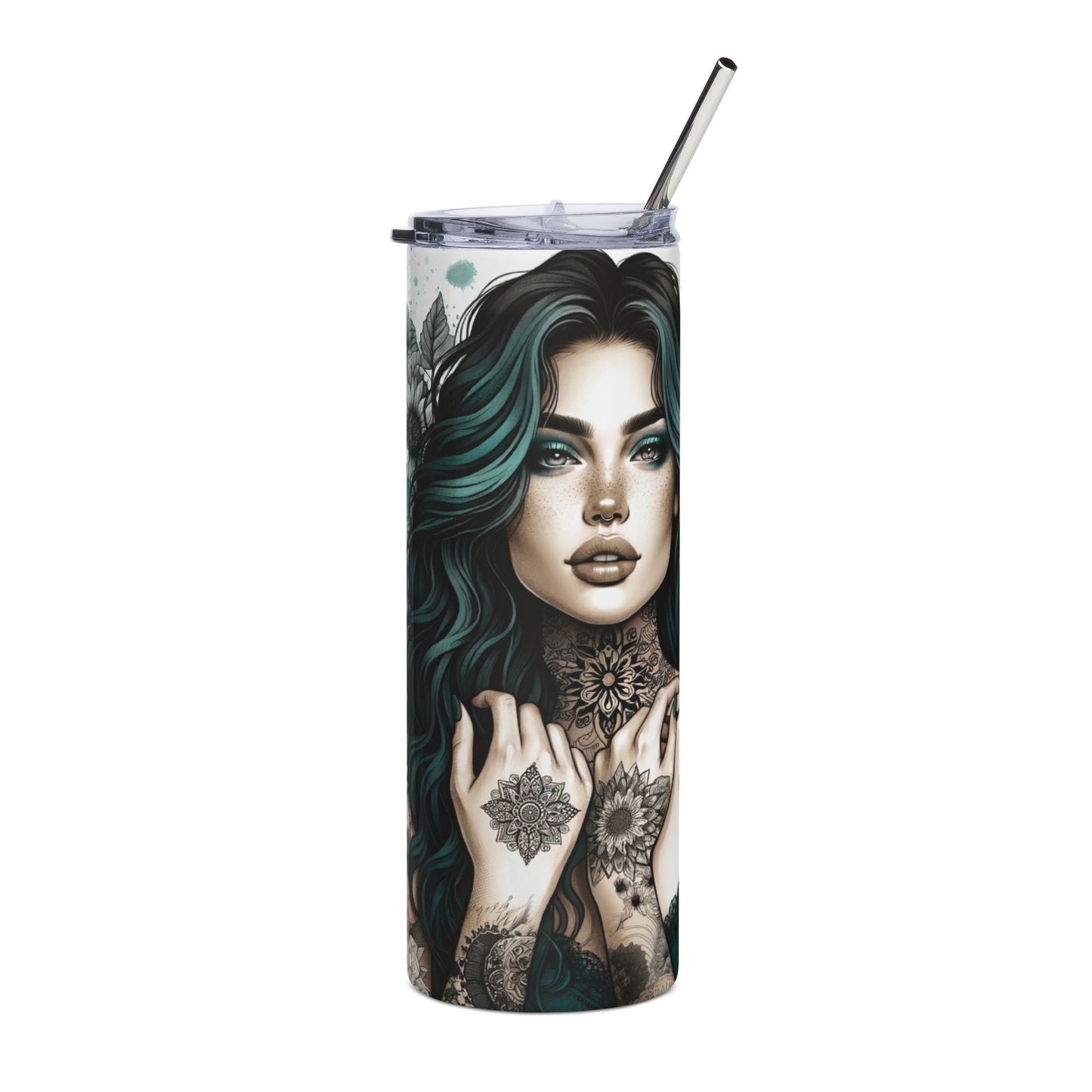20oz Stainless Steel Tumbler — Teal-Haired Tattooed Woman Design, 'Do That Just' Floral Art Travel Cup
