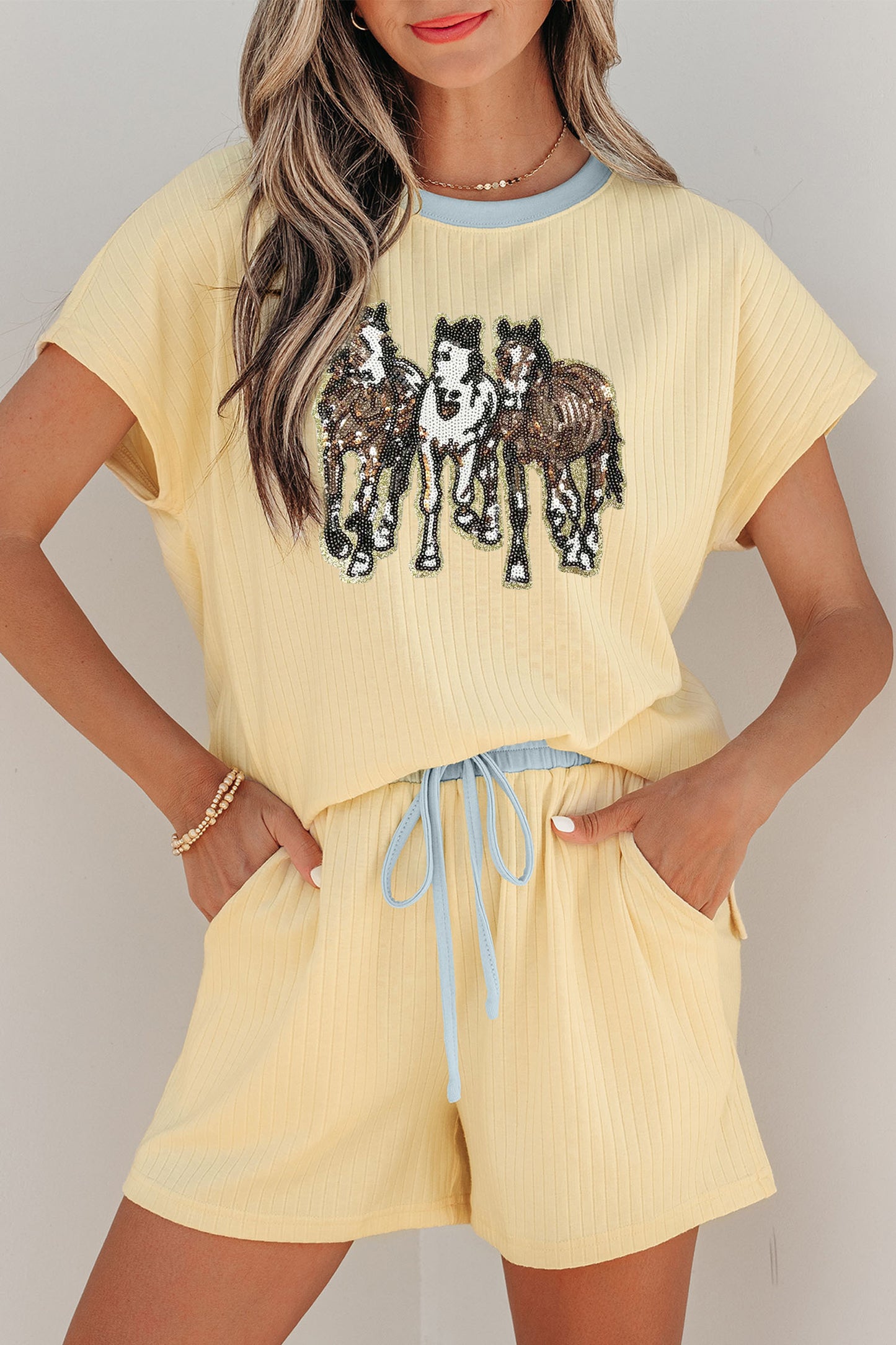 Yellow Cream Ribbed Knit Two Piece Set Sequin Horse Patched Casual Short Set