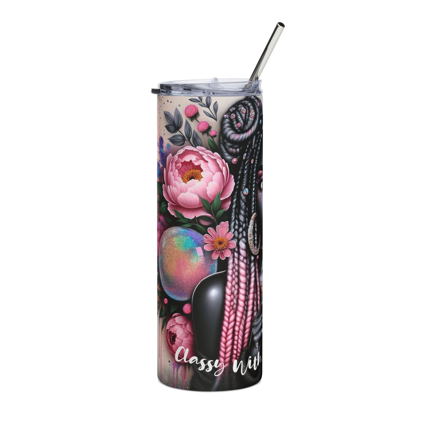 20oz Stainless Steel Tumbler – Afrocentric Pink Braids Girl Design, Insulated Travel Cup
